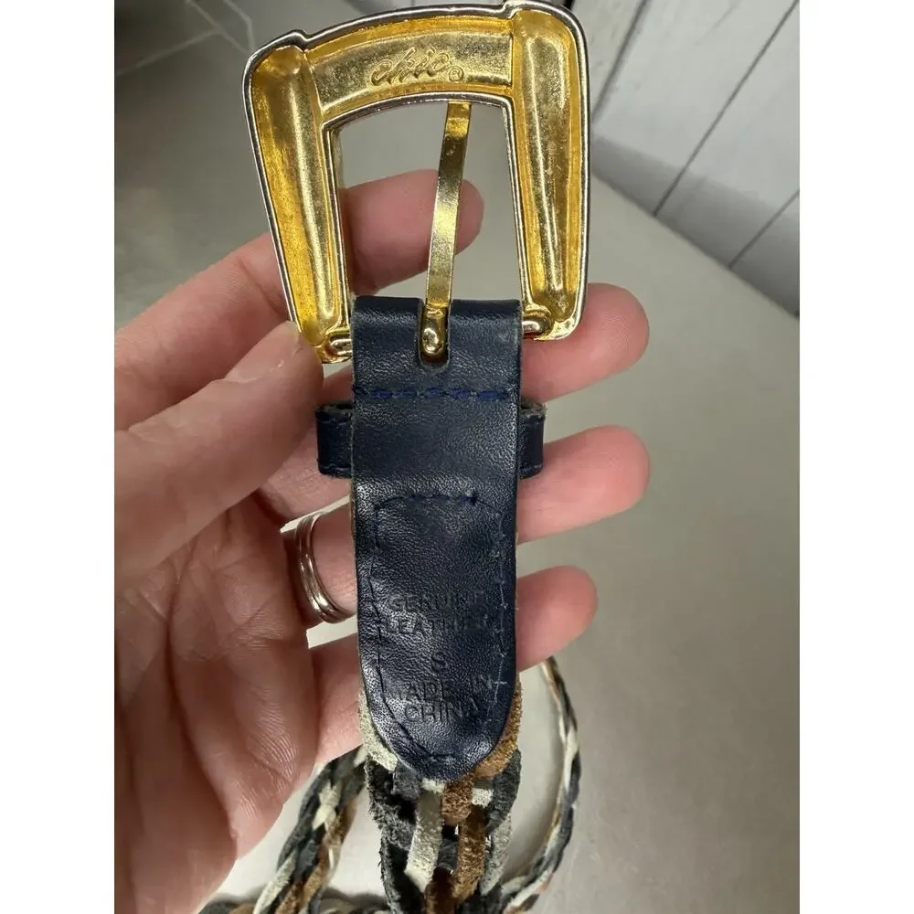 Vintage Chic 90s Y2K Braided Leather Belt Blue Taupe Multicolor Size Small